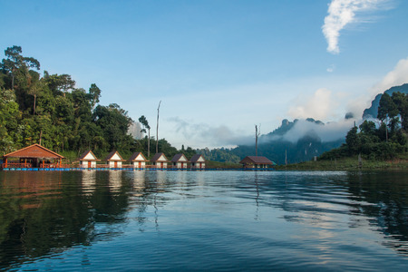 Scenic and unique landscape with floating houses at Chieou Laan lake in Thailand