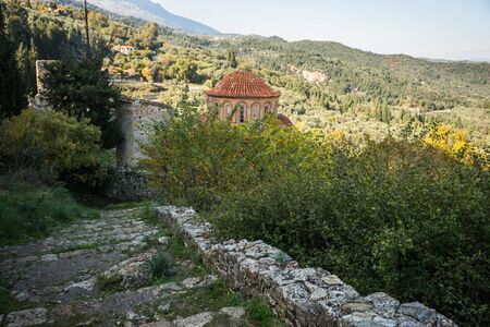 Ruins of the medieval Byzantine ghost town-castle of Mystras, Peloponnese, Greece