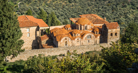 Ruins of the medieval Byzantine ghost town-castle of Mystras, Peloponnese, Greeceの写真素材