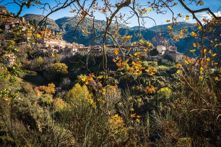 Scenic mountain autumn landscape with  village Langadia, Peloponnese in  Greece