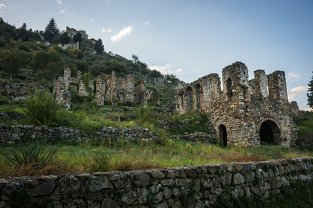 Ruins of the medieval Byzantine ghost town-castle of Mystras, Peloponnese, Greeceの写真素材