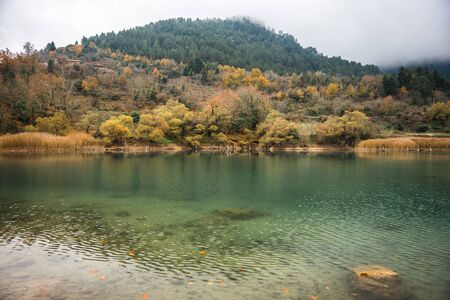 Autumn landscape with yellow leaves and green waters of lake Tsivlos, Peloponnese, Greeceの写真素材