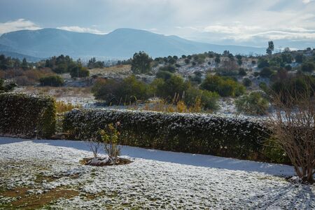 Snowy landscape in Athens - rare and unique event, Attika, Greeceの写真素材