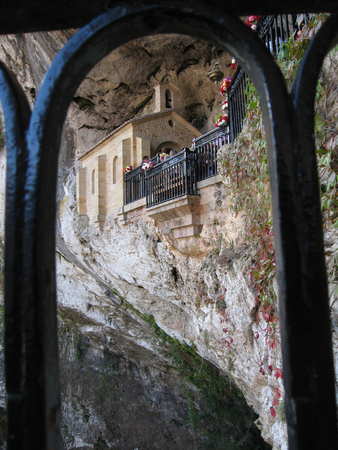 Covadonga chapel, Santa Cueva sanctuary, Asturias, Spain â September 06, 2008, Tourists visiting the  Covadonga chapel, Santa Cueva sanctuary, Asturias, Spainのeditorial素材