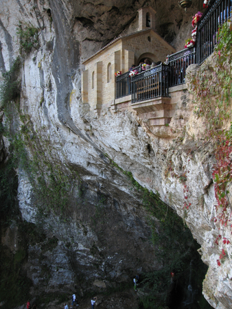 Covadonga chapel, Santa Cueva sanctuary, Asturias, Spain â September 06, 2008, Tourists visiting the  Covadonga chapel, Santa Cueva sanctuary, Asturias, Spainのeditorial素材