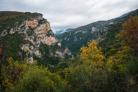 Autumn landscape with multicolored trees in gorge of Louise on Peloponnese in Greeceの写真素材