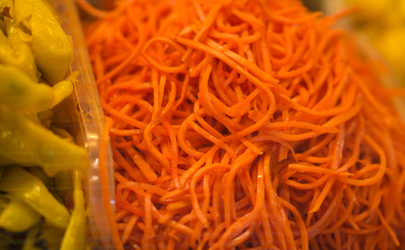 Varied pickles on counter in market in Sochi in Russiaの写真素材