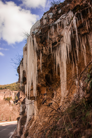 Icicles on the roadside near Cuenca in Castilla la Mancha in Spainの写真素材