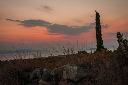 Landscape with sea bay on island of Aegina in Saronic Gulf in Greece