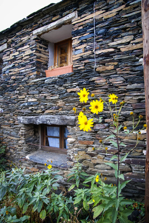 Urban autumn landscape in one of  black cities of Spain  Campillo de Ranasの写真素材