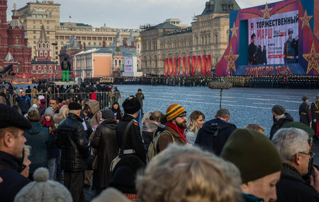 MOSCOW, RUSSIA - NOVEMBER 07,2018:  People on the Red Square on Military parade dedicated to the hisorical parade held in 1941 .  Public event.のeditorial素材