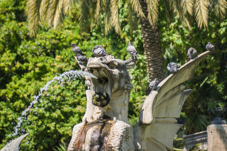 Details of fountain Cascada and pigeons in Ciudadela Park in Barcelona in Spainの写真素材