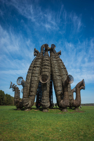 Yaroslavl, Russia - May 01, 2018, Spring landscape with strange buildings in Nikola Lenivets park in  Kaluga region in Russiaのeditorial素材