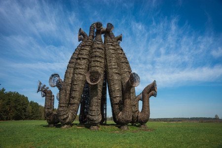 Yaroslavl, Russia - May 01, 2018, Spring landscape with strange buildings in Nikola Lenivets park in  Kaluga region in Russiaのeditorial素材
