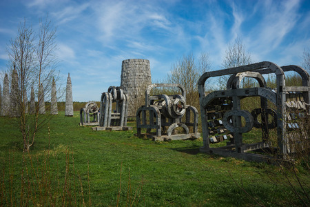 Yaroslavl, Russia - May 01, 2018, Spring landscape with strange buildings in Nikola Lenivets park in  Kaluga region in Russiaのeditorial素材