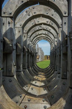Yaroslavl, Russia - May 01, 2018, Spring landscape with strange buildings in Nikola Lenivets park in  Kaluga region in Russiaのeditorial素材