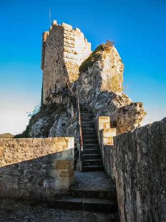 Image of remains of a ruined castle in town of Frias in province of Burgos in Castilla y Leon in Spainの写真素材