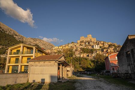 Cityscape with medieval castel Piccolomini at Celano in Abruzzo in Italyの写真素材