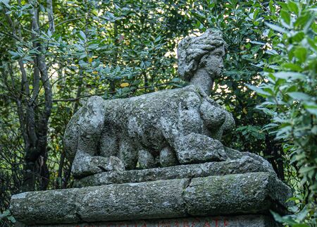Medieval stone figures in a monster park in Bomarzo in Lazio in Italyの写真素材