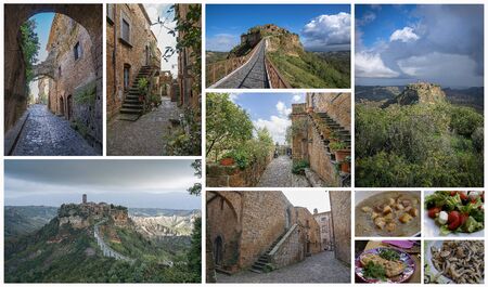 Collage of photos with cityscape with view of the medieval city of Bagnoregio  in Lazio, Italy on white background. All photos can be purchased separately on my page.の写真素材