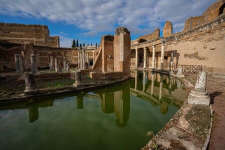 Ruins of Teatro Marittimo at Villa Adriana in Tivoli,Roma, Italyの写真素材