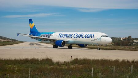 Skiathos, Greece - May 09, 2014, Airplane preparing to take off on the island of Skiathos in Greeceのeditorial素材