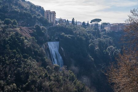 Waterfalls in the city of Tivoli at  Villa Gregoriana in Lazio in Italyの写真素材