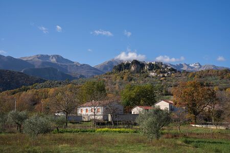 Picturesque mountain landscape with city of Castell San Vincenzo in Molise in Italyの写真素材