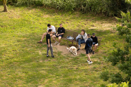 Rome, Italy - May 05, 2020,  People walking with dog in a meadow during self-isolation in Rome, Italyのeditorial素材