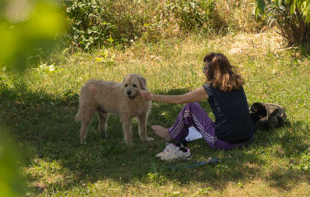 Rome, Italy - May 08, 2020, Girl and  dog at  picnic on a meadow in Italyのeditorial素材