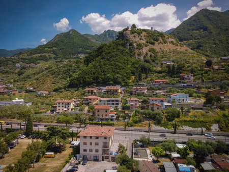 View of the city of Iseo from a height in Lombardy in Italyの写真素材