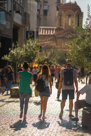 Athens, Greece - June 30, 2016, People walking along Ermou street in Athens before pandemia, Greece (selective focus)のeditorial素材
