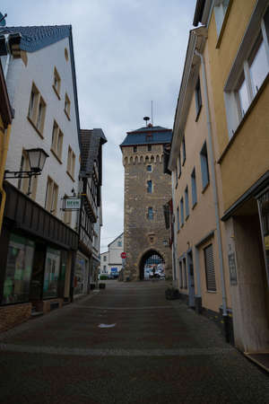Linz, Germany - July 01, 2021, Street with traditional German houses in Linz, Germany