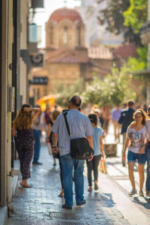 Athens, Greece - June 30, 2016, People walking along Ermou street in Athens before pandemia, Greece (selective focus)のeditorial素材
