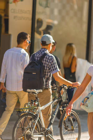 Athens, Greece - June 30, 2016, People walking along Ermou street in Athens before pandemia, Greece (selective focus)のeditorial素材