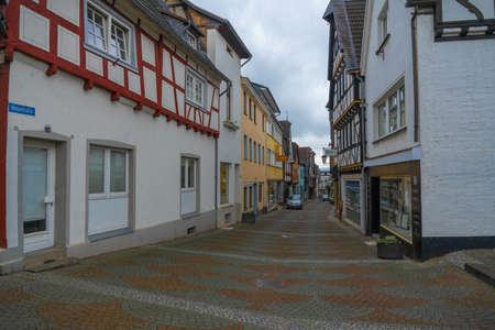Linz, Germany - July 01, 2021, Street with traditional German houses in Linz, Germanyのeditorial素材