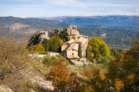 Scenic mountain view to Shrine of Our Lady of Mentorella in Lazio in Italyの写真素材