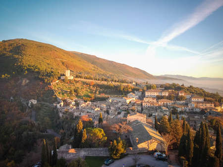Aerial view of medieval city of Assisi with Rocca Minor castle in background in Umbria in Italyの写真素材