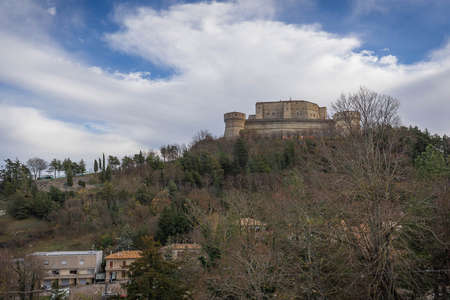 Cityscape on the streets of Borgo San Leo in Emilia Romagna in Italyの写真素材