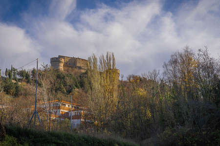Scenic view of Borgo San Leo and ruins of medieval castle in Emilia Romagna in Italyの写真素材