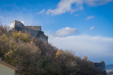 Scenic view of Borgo San Leo and ruins of medieval castle in Emilia Romagna in Italyの写真素材