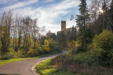 Scenic view of Borgo San Leo and ruins of medieval castle in Emilia Romagna in Italyの写真素材