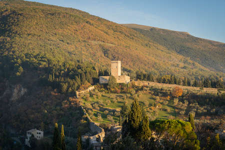 Aerial view of medieval city of Assisi with Rocca Minor castle in background in Umbria in Italyの写真素材