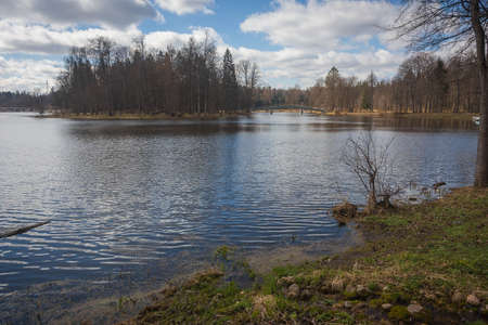 Upper reaches of Moscow river in late autumn with bare trees and reflections in water in Russiaの写真素材