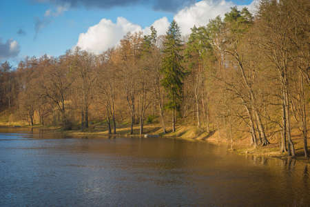 Upper reaches of Moscow river in late autumn with bare trees and reflections in water in Russiaの写真素材