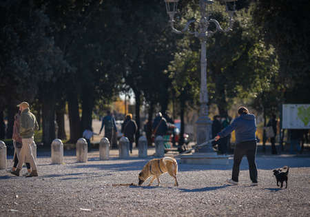 Rome, Italy - December 19, 2021, People and dogs walking in the Pincio Gardens in Rome, Italy