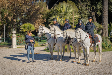 Rome, Italy - December 19, 2021, Mounted police on Pincio terrace at Villa Borghese in Rome, Italyのeditorial素材