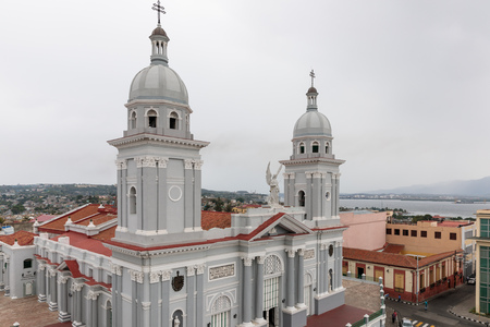 Santa Basilica Metropolitana Iglesia Catedral, Santiago de Cuba, landscape view from the Place in Front of the churchの写真素材