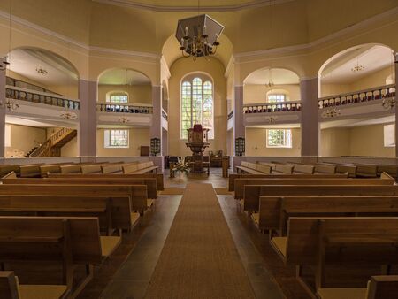 Erlangen, Germany, August 18, 2019: Interior view with altar of the Church of Huguenots Erlangen Bavaria Germanyのeditorial素材