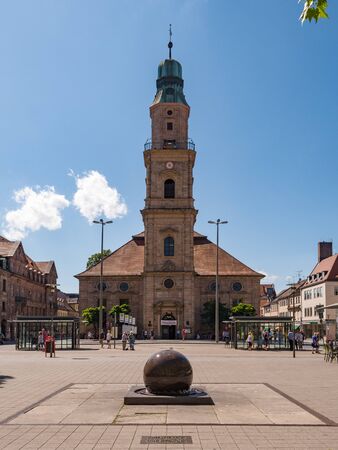 Erlangen, Germany, August 18, 2019: Wide Shot of the Church of Huguenots with Fountain in Foreground Erlangen Bavaria Germanyのeditorial素材